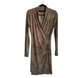 Norma Kamali Faux Wrap Dress V-Neck Ruched Stretch Long Sleeve Animal Print Sz M